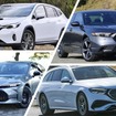 スバル レヴォーグレイバック（左上），ホンダ アコード（右上），トヨタ クラウンセダン FCEV（左下），メルセデスベンツ Eクラスワゴン（右下）