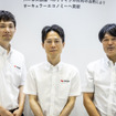林業担当の前原基己氏（左）、リサイクル材料製品担当の谷口氏（中）、「B∀TTERFLY」担当の荘田隆博氏（右）