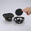360モデナに付いていたウーファー（左）とドローンコーン（右）。どちらもウレタン製エッジが崩れ落ちているのがわかる