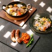（常陸の輝き）左からベーコン野菜とラクレットチーズソース、ソーセージ 白いんげん豆、ジャンボンブラン エシャロットヴィネグレット