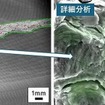 AIが破損領域と観察すべき箇所(左図赤点)を認識し(40倍)、自動で倍率を高めて破損原因を推定(右図、5000倍)