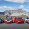 BMWのロードスターモデル。左からZ1、Z3、Z8、Z4旧型