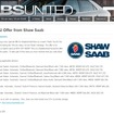 米国マサチューセッツ州のサーブディーラーによるサーブ車の半額セールを伝える『SAABS UNITED』