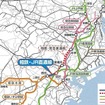 相鉄・JR直通線（西谷～羽沢）と相鉄・東急直通線（羽沢～新横浜～日吉）の路線図。今回、相鉄・JR直通線の開業時期が2018年度に変更された。