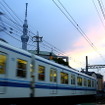 東京スカイツリーを左手に見て曳舟へ向かう亀戸線電車