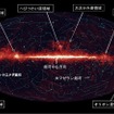 波長9μmの全天画像に、星座と星形成が活発な暗黒星雲がある領域などを示した図