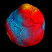 2011年、GOCE観測データを元に発表された地球の精密な「ジオイド」。赤い色は凹凸のないジオイドより重力の影響で盛り上がった部分を、青い部分は反対に凹んだ部分を表している。