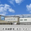 糸魚川市が公表している糸魚川駅の在来線橋上駅舎（北口）の完成イメージ。外観は「雁木と町屋をイメージした和風のデザイン」としている。奥には新幹線の高架駅舎が見える。