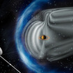 土星の磁気圏に生じた衝撃波を観測する土星探査機カッシーニ（想像図）。