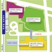 樟葉駅周辺の平面図。新しいKUZUHA MALLは本館ハナノモール・本館ミドリノモール・南間ヒカリノモールの3ゾーンで構成される。