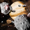 木星の移動が小惑星をはじき飛ばしていったイメージ図。