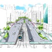 広島駅南口から稲荷町方面を望む（基本方針イメージ図）。路面電車の軌道が途中から高架になっている姿が描かれている。