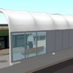 石津北停留場の完成イメージ（背面）。バリアフリー対応のスロープが設けられるほか、駐輪場も設置される。