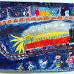 夜の街を駆ける小湊鉄道の気動車（市原湖畔美術館「子ども絵画展」）