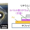 全固体リチウム薄膜電池の写真（左）および断面図の概略図（右）