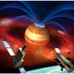 惑星分光観測衛星「ひさき」（左側）とハッブル宇宙望遠鏡（右側）による木星オーロラ観測の想像図