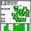 衛星の補足状況を示す画面。特別にコンディションが良くなくても、屋外であれば誤差数メートルでの測位が可能だ。