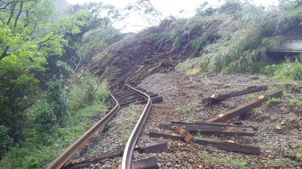 南阿蘇鉄道が公表した写真。土砂崩れで線路が流失している。