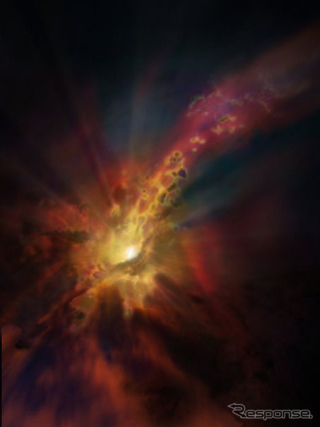 銀河団エイベル2597の中心に位置する巨大楕円銀河の周囲の想像図