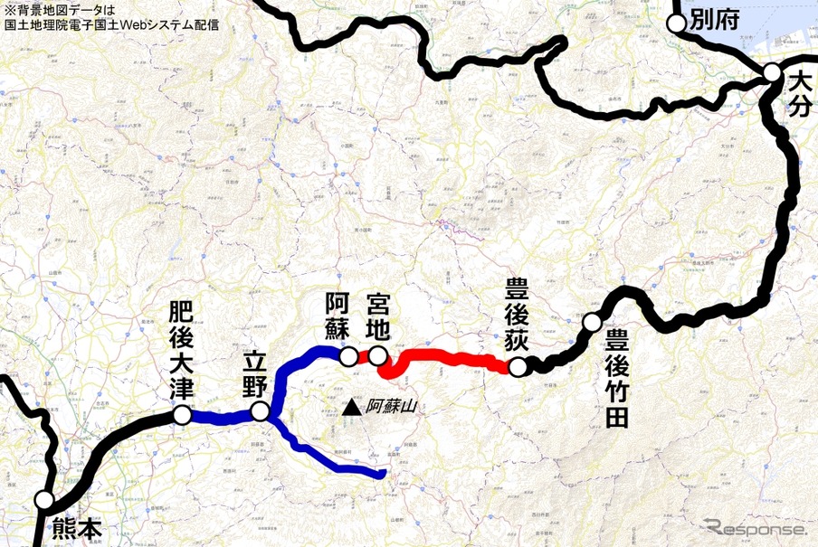 豊肥本線は7月9日に阿蘇～豊後荻間（赤）が再開予定。運休区間は肥後大津～阿蘇間（青）に縮小される。