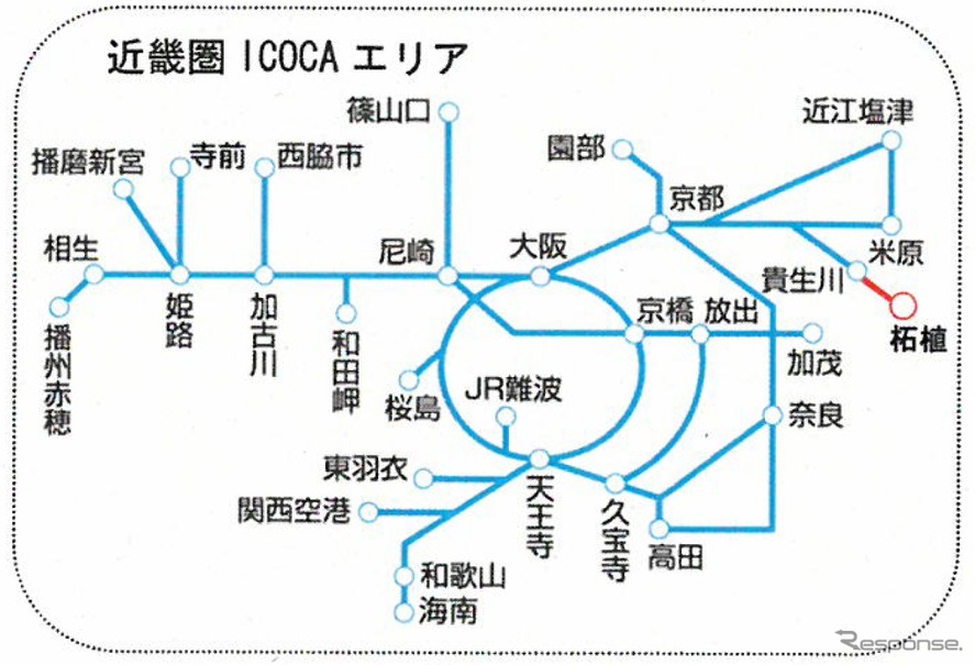 近畿圏のICOCAエリア。2018年春から草津線の貴生川～柘植間（赤）でも利用できるようになる。