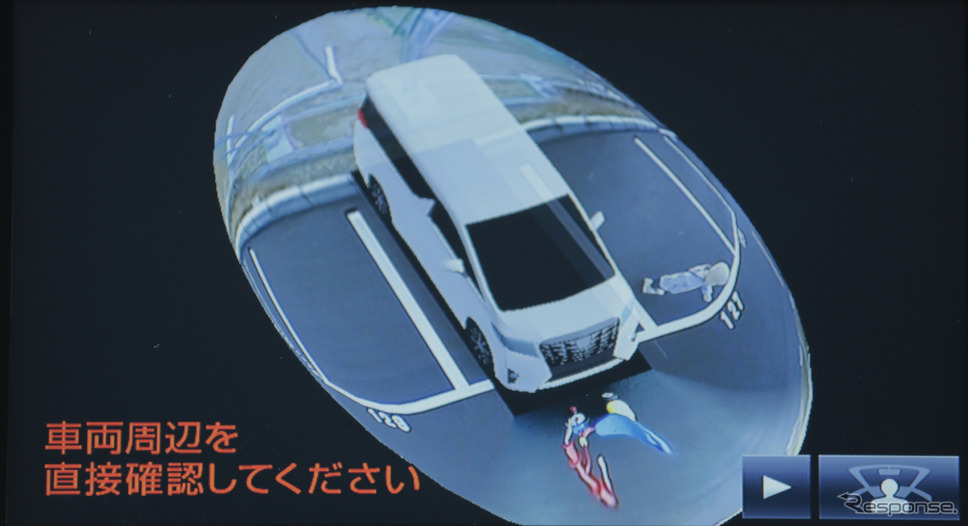 上空から車の前周囲を俯瞰で立体的に表示するモード（参考画像）