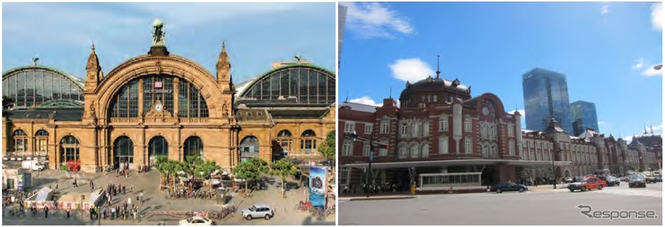 フランクフルト中央駅（左）と東京駅（右）。JR東日本は両駅の姉妹駅1周年を記念したイベントを東京駅で行う。