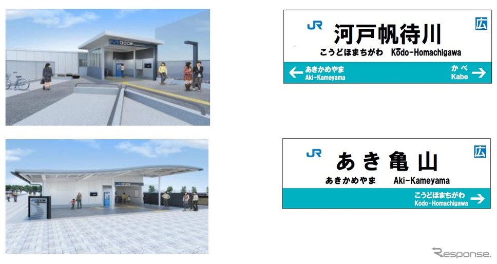 可部線の延伸区間に設けられる新駅のイメージ（左）と駅名標（右）。運賃はJR本州3社の地方交通線運賃が適用される予定だ。