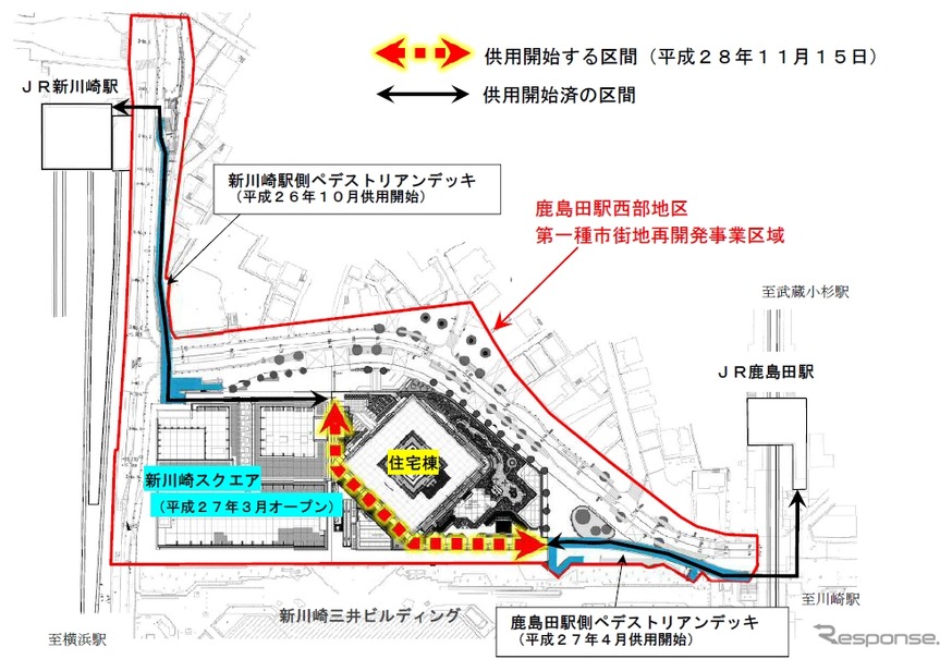鹿島田・新川崎両駅付近の平面図。両駅間を結ぶ歩行者通路が完成し、11月15日から使用を開始する。