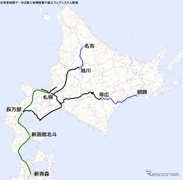 北海道高速鉄道開発が関わる線区（青）を含む維持可能路線のみ残り、北海道新幹線（緑）の札幌開業と並行在来線の経営分離（2030年度末）が実施された場合のJR北海道の路線図。15年後には営業距離が現在の半分以下になる可能性もある。