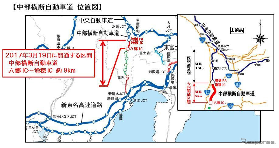 中部横断自動車道の位置図