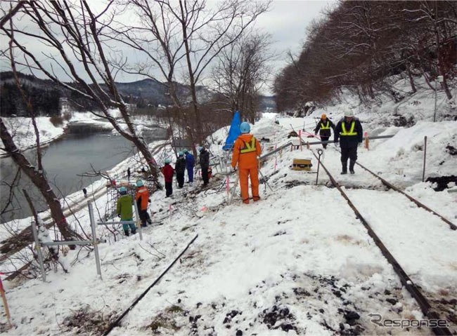 秋田内陸縦貫鉄道が公表した被災地点の写真（2月22日）。復旧工事は県が主体になって行われる。