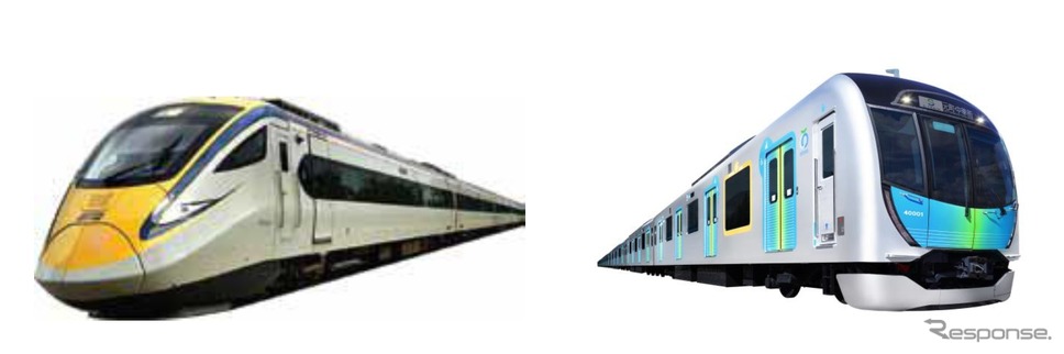 KTMB（左）と西武鉄道（右）の電車。3月20日に姉妹鉄道協定の調印式が行われる。