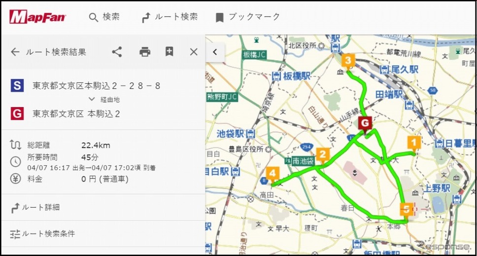 出発地から直線距離が近い順に経由地設定しルート検索した結果