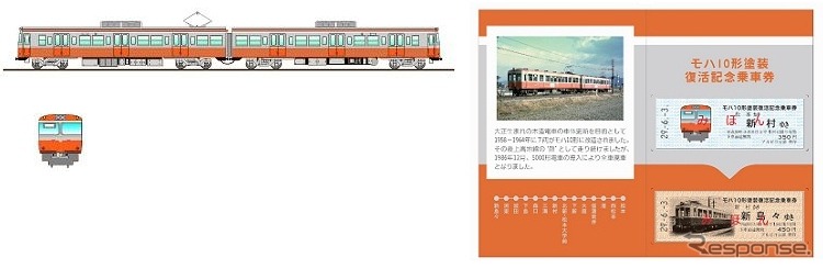 上高地線で運行される旧塗装のラッピング列車（左）。記念切符（右）も発売される。