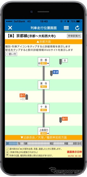 「近鉄アプリ」上で、駅間や駅で列車の位置を確認できる。なお、現行バージョンで列車走行位置サービスを利用するにはバージョンアップが必要。