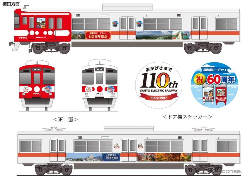 『山陽電車創立110周年記念号』のラッピングデザイン。正面には記念のヘッドマーク、側ドア横には記念ステッカーがそれぞれ取り付けられる。