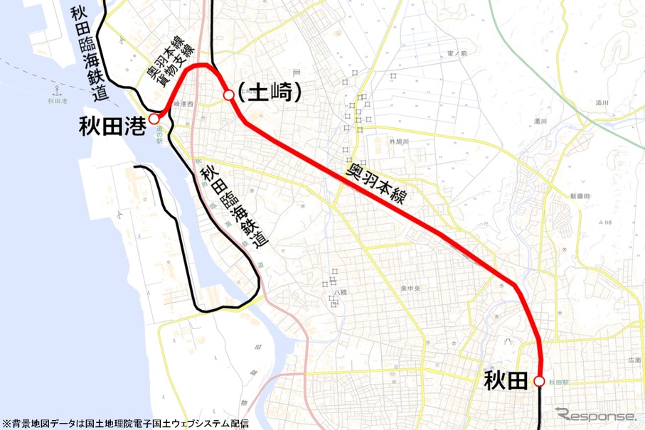 「クルーズ列車」の運行区間。秋田港に寄港するクルーズ船の客を対象に秋田～秋田港間を走る。