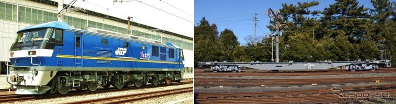 京都鉄道博物館で8月に展示されるEF210形300番台（左）とコキ107形（右）。初日は展示引込線への入線も公開される。