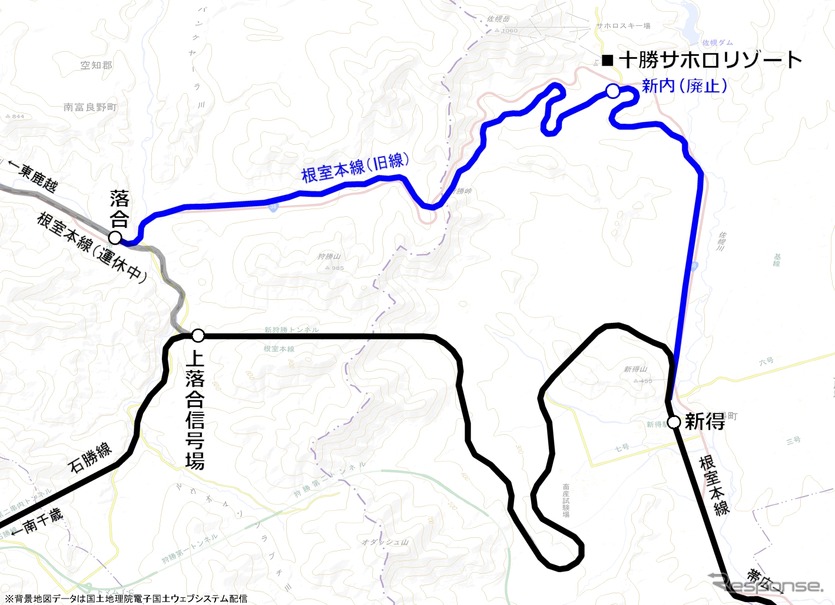 代行バスが12月1日から立ち寄る十勝サホロリゾートの位置。旧線の新内駅跡が比較的近いところにある。