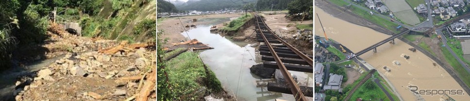 豪雨と台風で被災した日豊本線（左）・日田彦山線（中央）・久大本線（右）。日豊本線は12月下旬、久大本線は2018年夏に再開の見込みだ。