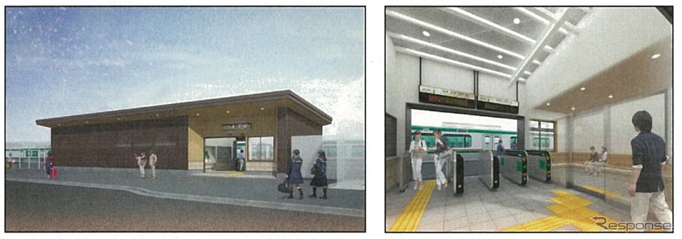 新駅舎の外観（左）と駅舎内（右）のイメージ。2018年1月20日から使用開始する。