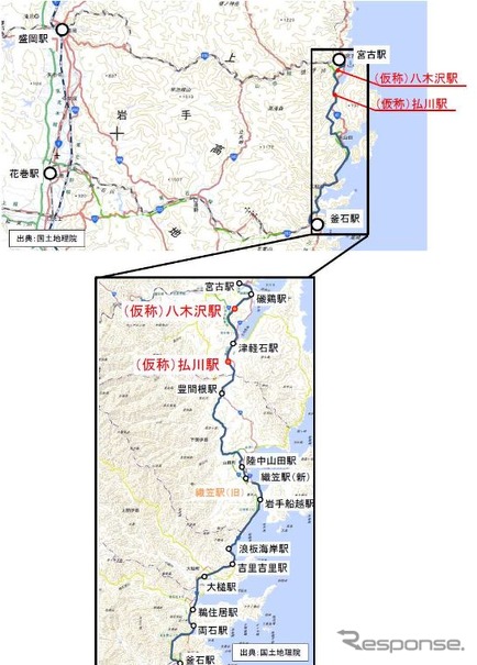 山田線海岸区間の宮古市内に新設される2駅の位置。