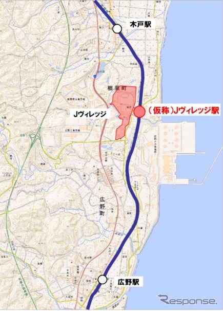 新駅「Jヴィレッジ」（仮称）の設置位置。楢葉町内に位置する。