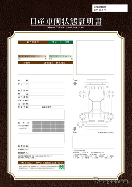 中古車向け日産車両状態証明書