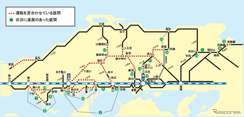 7月18日14時時点におけるJR西日本の運行状況。中国地方の山間路線を中心に不通区間が続いている。舞鶴線と山陰本線は今週中に不通区間がなくなる模様。