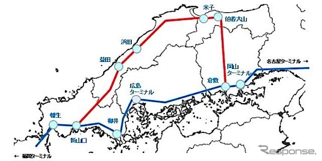 山陽本線貨物列車の迂回ルート（赤線部分）