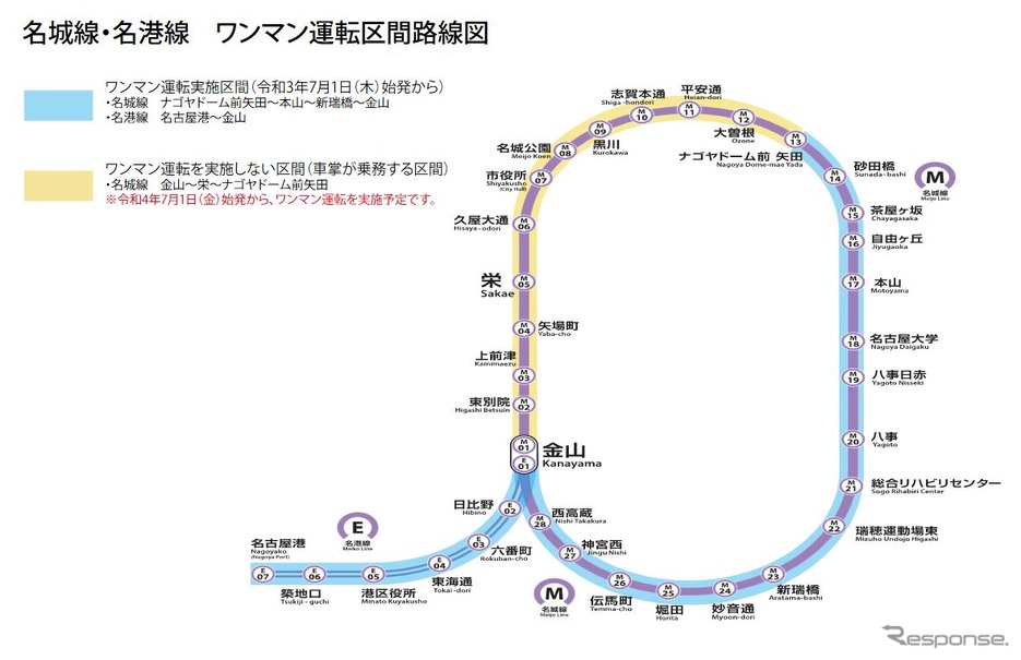 名古屋市営地下鉄のワンマン化 7月に名城線の一部と名港線で 名城線全線は22年7月 レスポンス Response Jp