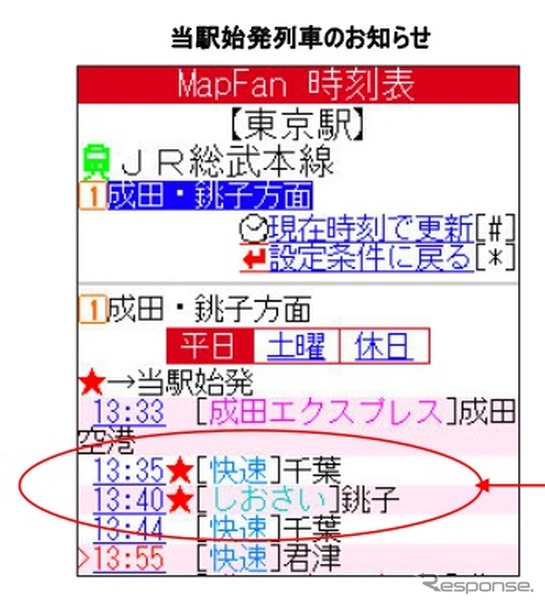 当駅始発列車は星印で表示