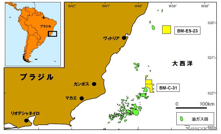 ブラジル海上BM-C-31鉱区及び海上BM-ES-23鉱区位置図